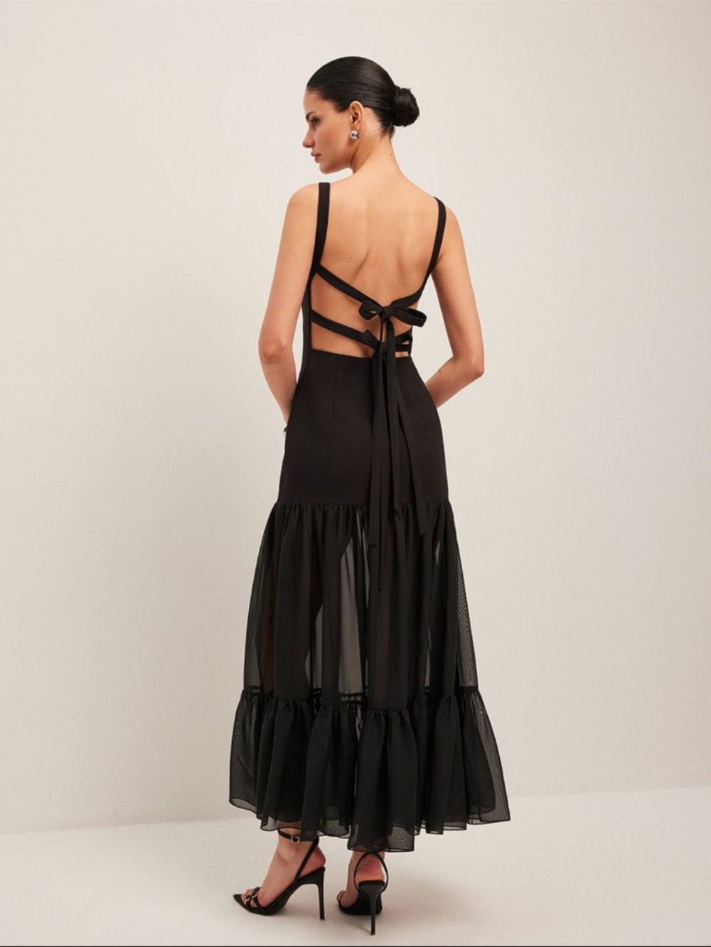 Commense Black Lined and Sheer Backless Tiered Maxi Dress size s